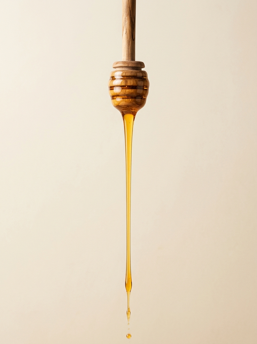 Gota de miel pura cayendo de cuchara de madera